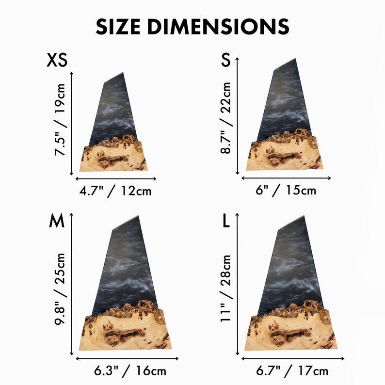 May include: The image displays four wooden art pieces with resin and wood. The sizes are XS (7.5"/19cm), S (8.7"/22cm), M (9.8"/25cm), and L (11"/28cm). The text "SIZE DIMENSIONS" is at the top. The art pieces have a dark blue resin top and a light brown wooden base.