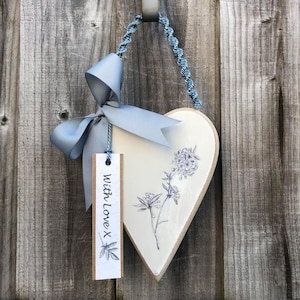 Hanging wooden loveheart decoration, botanical theme
