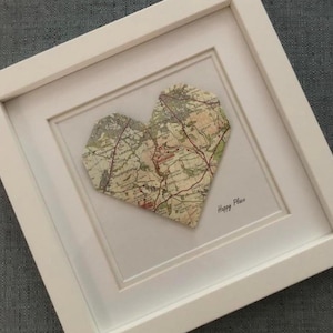 Origami mini loveheart map in a box frame, New Home, Wedding gift, Happy Place, personalised to postcode of choice.