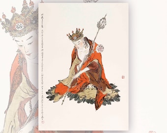Op de afbeelding: Een traditioneel inkt- en aquarelschilderij op papier met een zittende figuur in een versierde kroon en feloranje gewaden. De figuur houdt een lange staf met een metalen ornament vast en zit op een donkere basis van bladeren met Chinese kalligrafie.