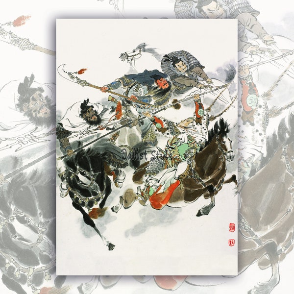 Drei Helden gegen Lü Bu-Romantik der drei Königreiche, Traditionelle chinesische Kunstdruck, chinesische Malerei