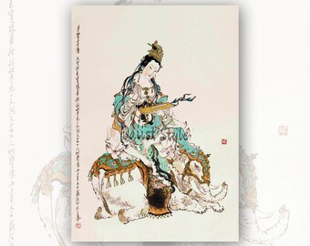 Portrait of Samantabhadra (Puxian), Bodhisattva, Buddhistic Goddess, Traditional Chinese Fine Art Print, Chinese Painting