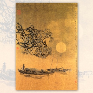 May include: An Asian-inspired painting with a golden background depicts a serene waterscape. Silhouetted boats and figures are on the water, with a full moon in the sky. A tree branch extends from the top left, and text is visible on the right side.