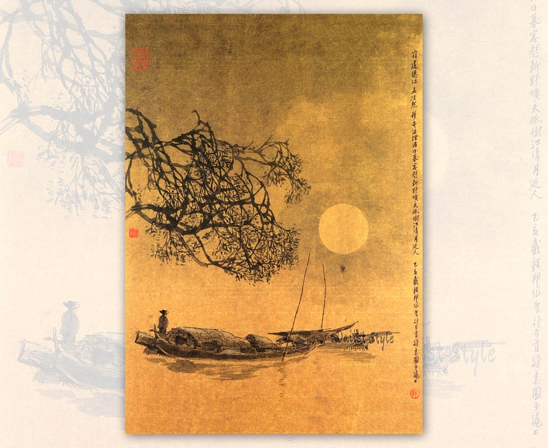May include: An Asian-inspired painting with a golden background depicts a serene waterscape. Silhouetted boats and figures are on the water, with a full moon in the sky. A tree branch extends from the top left, and text is visible on the right side.