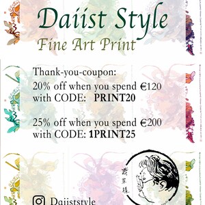 May include: A promotional graphic for "Daiist Style Fine Art Print" featuring abstract floral designs in various colors. Text includes discount codes for purchases over certain amounts, and the Instagram handle @Daiiststyle.