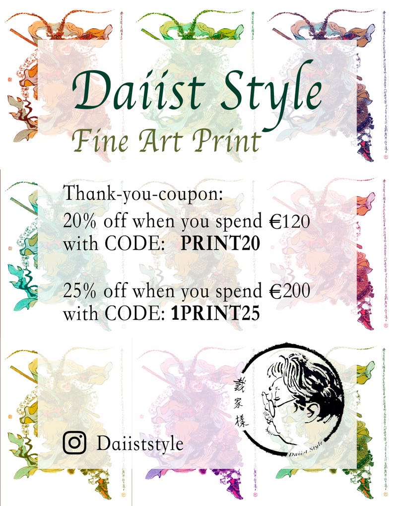 May include: A promotional graphic for "Daiist Style Fine Art Print" featuring abstract floral designs in various colors. Text includes discount codes for purchases over certain amounts, and the Instagram handle @Daiiststyle.