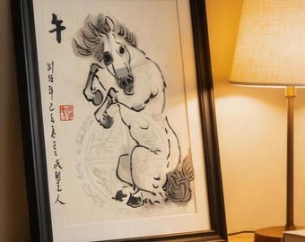 Jahr des Pferdes Kunstdruck | Traditionelle chinesische Sternzeichen-Wand, neues Mondjahr-Dekor