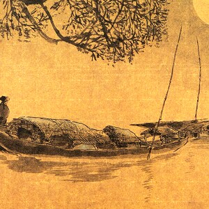 May include: Ink wash painting depicting a serene river scene with boats. A figure in traditional attire stands on a boat with a covered cabin. The artwork features a full moon, a tree, and other boats, all rendered in shades of black and brown.