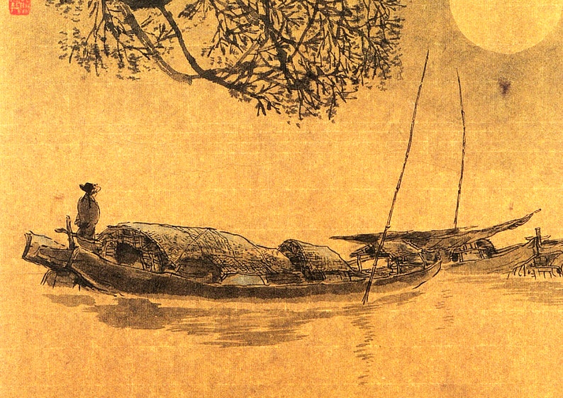 May include: Ink wash painting depicting a serene river scene with boats. A figure in traditional attire stands on a boat with a covered cabin. The artwork features a full moon, a tree, and other boats, all rendered in shades of black and brown.