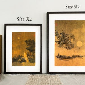 May include: Two framed art prints with black frames, labeled "Size A4" and "Size A3". The prints depict traditional Asian scenes with figures, trees, and a full moon. The artwork has a gold and brown color palette.