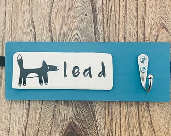 Handmade ceramic and wood dog lead hook