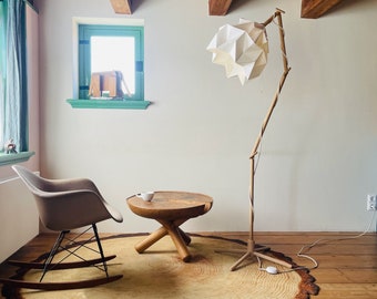 Snowdrop floor lamp, origami and wood design, standing lamp shade