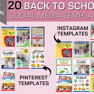 Puede incluir: Un collage de 20 plantillas de redes sociales de regreso a clases para Instagram y Pinterest. Las plantillas presentan diseños coloridos con texto como "Actividades de regreso a clases", "Ideas de atuendos de regreso a clases" y "Kit de supervivencia para maestros de regreso a clases".