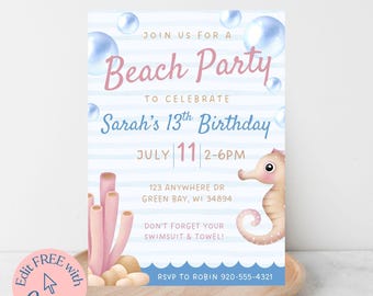 Editable Beach Birthday Party Invitation Canva Beach Birthday Invitations Beach Birthday Custom Beach Party Invite Summer Party Invitations