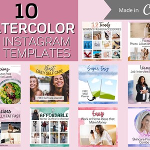 Può includere: Dieci modelli di Instagram ad acquerello con vari temi, tra cui moda, cibo, cura di sé e famiglia. Ogni modello presenta uno sfondo ad acquerello e una sovrapposizione di testo con un indirizzo di sito web.