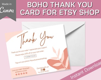 Boho Small Business Thank You Card Template | Etsy Seller Thank You Printable | Packaging Insert | Printable Thank You Card | Pink Branding