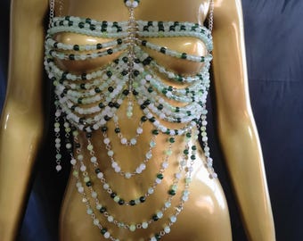 Jewel Beaded Top/Holiday beach Top/Crystal Beaded top/Bikini Cover/EDC Top/Body Jewelry Top/Green Beaded Bra Top