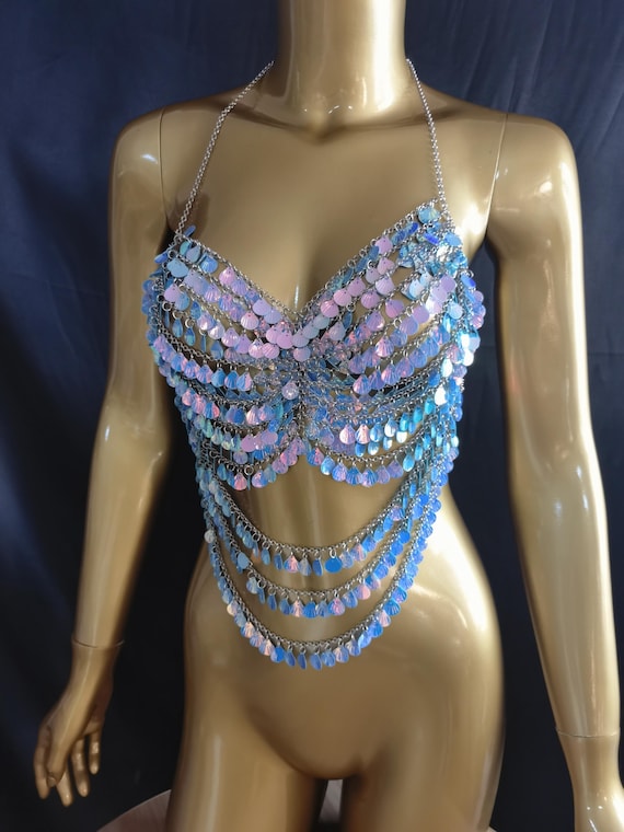 Carnival Iridescent pvc Seashell Beaded Top/Mardi Gras EDC Body Chain/Bikini Cover-up
