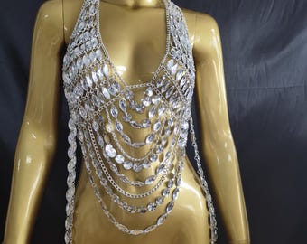 透明アクリル製ジェムビーズ付き胸元トップ：カーニバルショーガールボディチェーンジュエリー