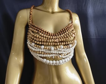 Wooded Beaded Chest Top Vest: Carnival Showgirl Body Chain Jewelry