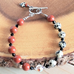 Dalmatian Jasper Bracelet, Red Jasper Bracelet, Swarovski Crystal, Fire Polished Czech Glass, Stainless Steel Toggle Clasp