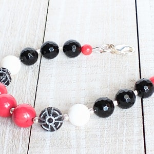 Chunky Red Coral Black Onyx White Shell Bracelet, Edgy Look, Silver Accents