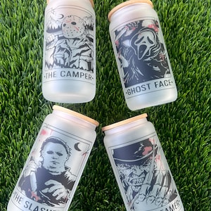 Horror glass can with bamboo lid and straw, halloween cup, horror movie glass can, beer can glass