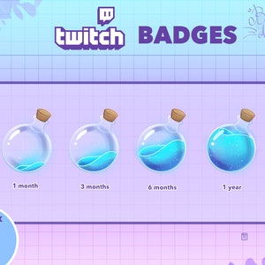 Puede incluir: Cuatro botellas de vidrio azul con tapones de corcho y un líquido azul giratorio en su interior. Las botellas están etiquetadas con el texto "1 mes", "3 meses", "6 meses" y "1 año". Las botellas están sobre un fondo morado claro con un patrón de cuadrícula.