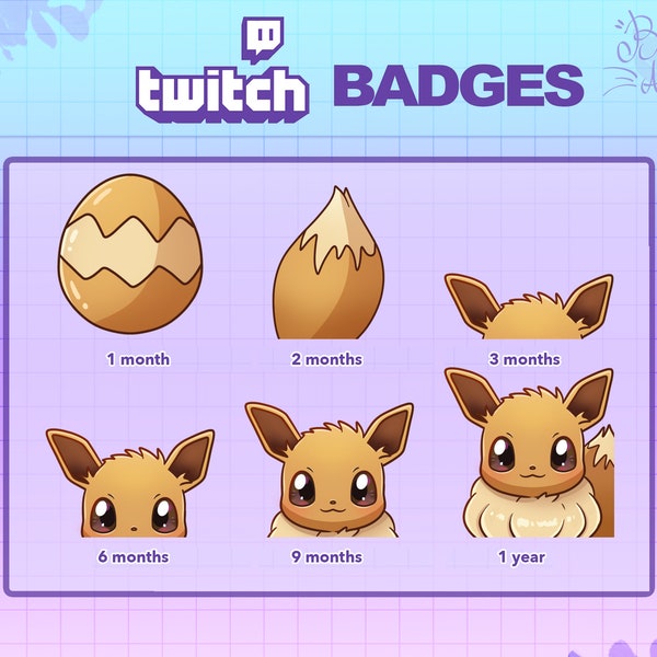 EEVEE süßes Sub-Abzeichen Twitch | Packung 6 | Pokemon-Sub-Abzeichen | Twitch-Grafik | Ästhetik | Twitch-Kanal