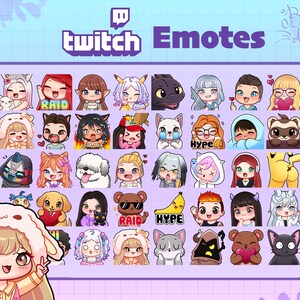 May include: A collection of 36 Twitch emotes featuring various characters, animals, and objects. The emotes are designed in a cute, cartoon style with bright colors and playful expressions. The emotes include a variety of themes, such as animals, food, and popular Twitch phrases like "Raid" and "Hype".