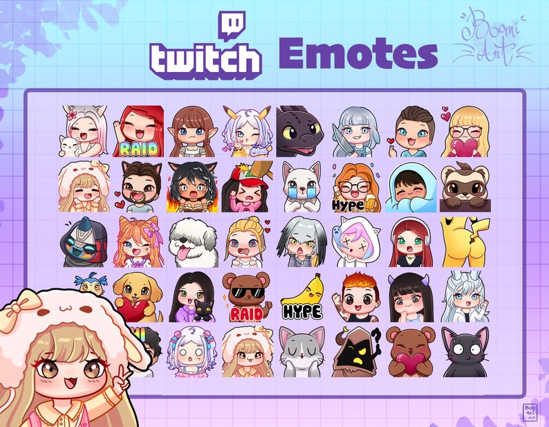 May include: A collection of 36 Twitch emotes featuring various characters, animals, and objects. The emotes are designed in a cute, cartoon style with bright colors and playful expressions. The emotes include a variety of themes, such as animals, food, and popular Twitch phrases like "Raid" and "Hype".