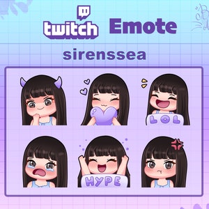 May include: A set of six Twitch emotes featuring a cartoon girl with different expressions. The emotes include a thinking face, a heart eyes face, a laughing face, a crying face, a hype face, and an angry face. The emotes are designed in a cute and colorful style.