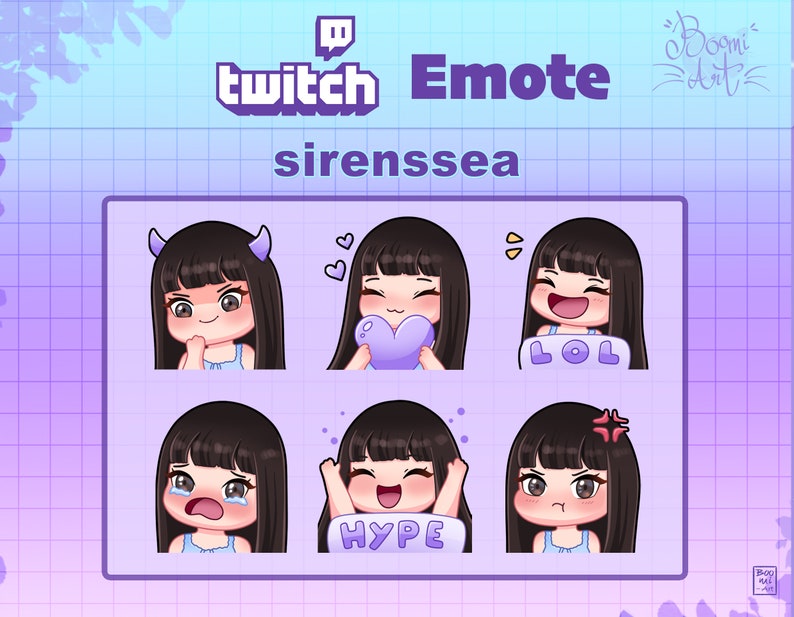 May include: A set of six Twitch emotes featuring a cartoon girl with different expressions. The emotes include a thinking face, a heart eyes face, a laughing face, a crying face, a hype face, and an angry face. The emotes are designed in a cute and colorful style.