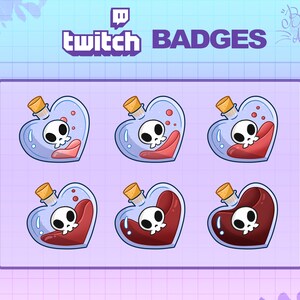 May include: Six Twitch badges featuring a heart-shaped bottle with a skull and red liquid inside. The badges are in different shades of red and pink.