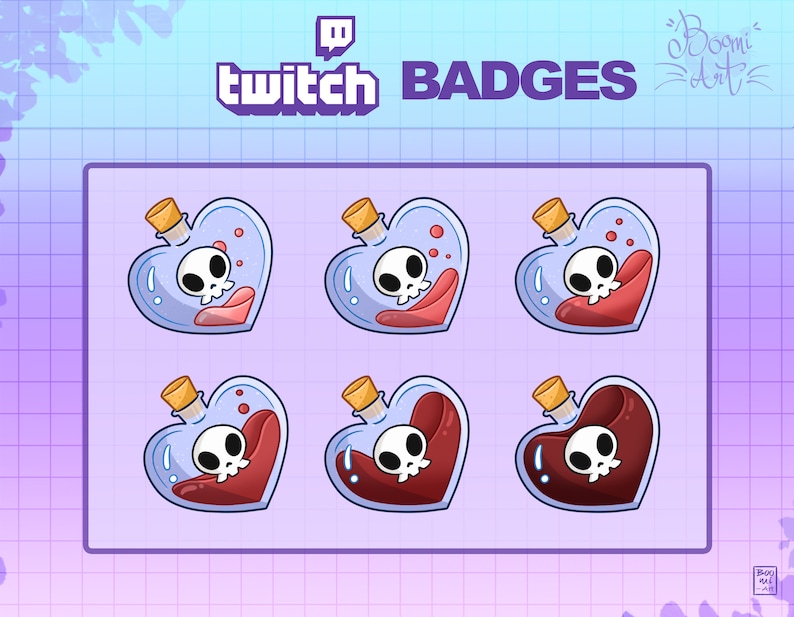 May include: Six Twitch badges featuring a heart-shaped bottle with a skull and red liquid inside. The badges are in different shades of red and pink.
