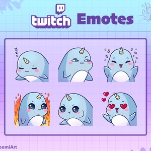 May include: Six Twitch emotes featuring a cartoon narwhal with different expressions. The emotes are in a grid of two rows and three columns. The narwhal is blue with a pink blush and a white horn. The expressions include sleeping, surprised, happy, angry, confused, and in love.