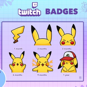Puede incluir: Un conjunto de insignias de Twitch con un personaje de dibujos animados amarillo con orejas negras. Las insignias muestran al personaje en diferentes poses, con texto que indica la duración de la suscripción: 1 mes, 2 meses, 3 meses, 6 meses, 9 meses y 1 año. La palabra "BADGES" también es visible.