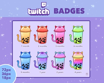 Puede incluir: Un conjunto de ocho insignias de canal de Twitch que representan a un gato de dibujos animados sosteniendo una taza de boba. Las insignias son de diferentes colores y representan diferentes hitos de suscripción, desde 1 mes hasta 4 años.