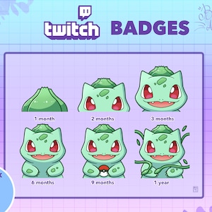 Puede incluir: Seis insignias de canal de Twitch que presentan un personaje de dibujos animados verde con diferentes expresiones y poses. Las insignias están etiquetadas con la cantidad de meses necesarios para ganarlas: 1 mes, 2 meses, 3 meses, 6 meses, 9 meses y 1 año.