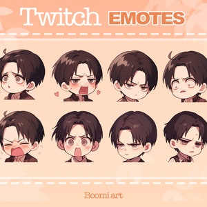 May include: Eight different animated Twitch emotes featuring a cartoon character with brown hair and different facial expressions. The emotes are labeled "Twitch Emotes" and "Boomiart".