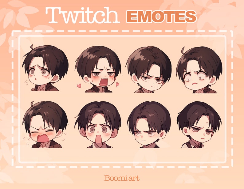 May include: Eight different animated Twitch emotes featuring a cartoon character with brown hair and different facial expressions. The emotes are labeled "Twitch Emotes" and "Boomiart".