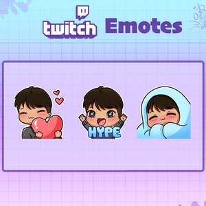 May include: Three Twitch emotes featuring a cartoon character with brown hair. The first emote shows the character holding a pink heart. The second emote shows the character with a speech bubble that says "HYPE". The third emote shows the character wrapped in a blue blanket.