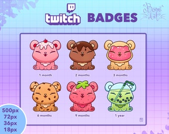 Puede incluir: Seis insignias de oso de dibujos animados coloridos para Twitch, que muestran diferentes niveles de suscripción. Las insignias son rosa, marrón, amarillo, naranja, rojo y verde. Las insignias muestran diferentes niveles de suscripción: 1 mes, 2 meses, 3 meses, 6 meses, 9 meses y 1 año.