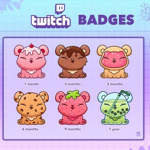 May include: Six Twitch channel badges featuring cute cartoon bears with different toppings and designs. The badges are labeled with the time required to earn them: 1 month, 2 months, 3 months, 6 months, 9 months, and 1 year.