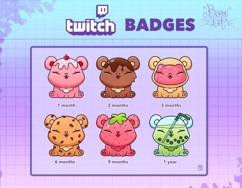 May include: Six Twitch channel badges featuring cute cartoon bears with different toppings and designs. The badges are labeled with the time required to earn them: 1 month, 2 months, 3 months, 6 months, 9 months, and 1 year.