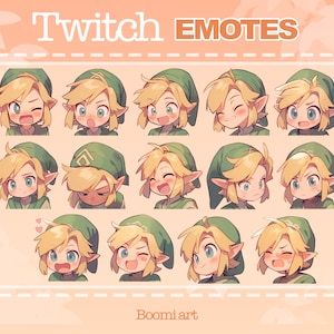 May include: A set of 12 cartoon-style Twitch emotes featuring a character with green hair and a green hat. The character has different facial expressions, including happy, sad, surprised, and angry.