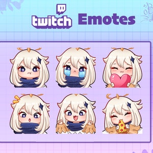 以下が含まれることがあります： 白い髪と青いスカーフをしたキャラクターの6つの異なる絵文字が描かれたデジタルアート。それぞれ異なる表情をしています。「Twitch」と「Emotes」の文字も含まれています。