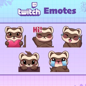 May include: Set of five Twitch emotes featuring a cute cartoon ferret in different poses. The emotes include a ferret holding a heart, a ferret waving with the text "Hi!" above it, a ferret with tears in its eyes, a ferret peeking over a surface, and a ferret with tears in its eyes. The emotes are designed in a cartoon style with bright colors and expressive features.