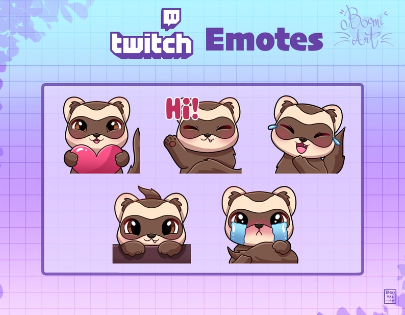 May include: Set of five Twitch emotes featuring a cute cartoon ferret in different poses. The emotes include a ferret holding a heart, a ferret waving with the text "Hi!" above it, a ferret with tears in its eyes, a ferret peeking over a surface, and a ferret with tears in its eyes. The emotes are designed in a cartoon style with bright colors and expressive features.