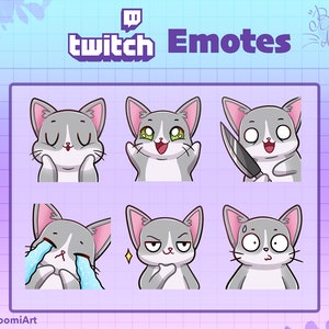 May include: Set of six Twitch emotes featuring a gray and white cat with different expressions, including happy, surprised, and crying. The emotes are designed in a cartoon style and are perfect for use on Twitch.